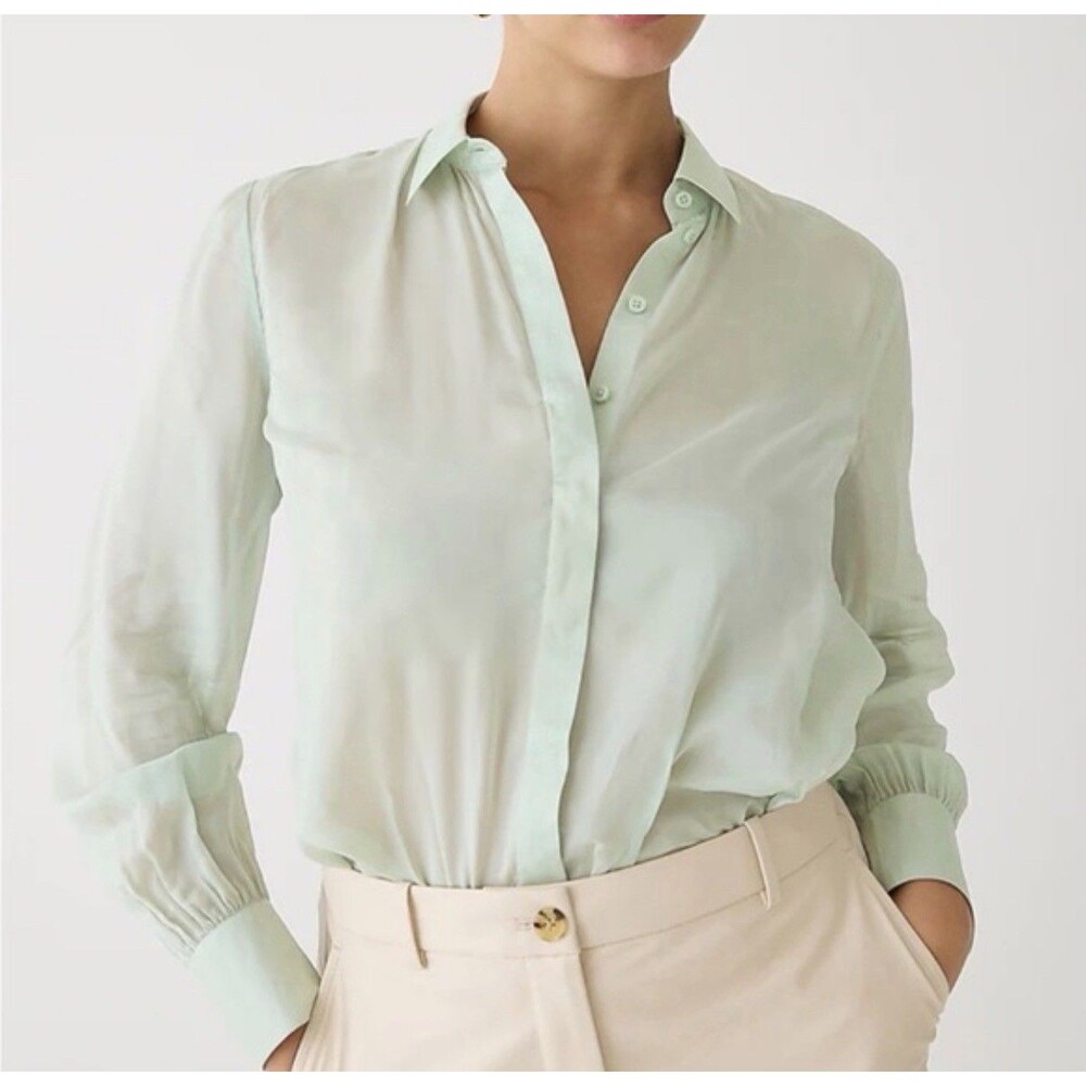J Crew Women Size 4 Mint Green Sheer Organza Button Down Top Preppy Old Money